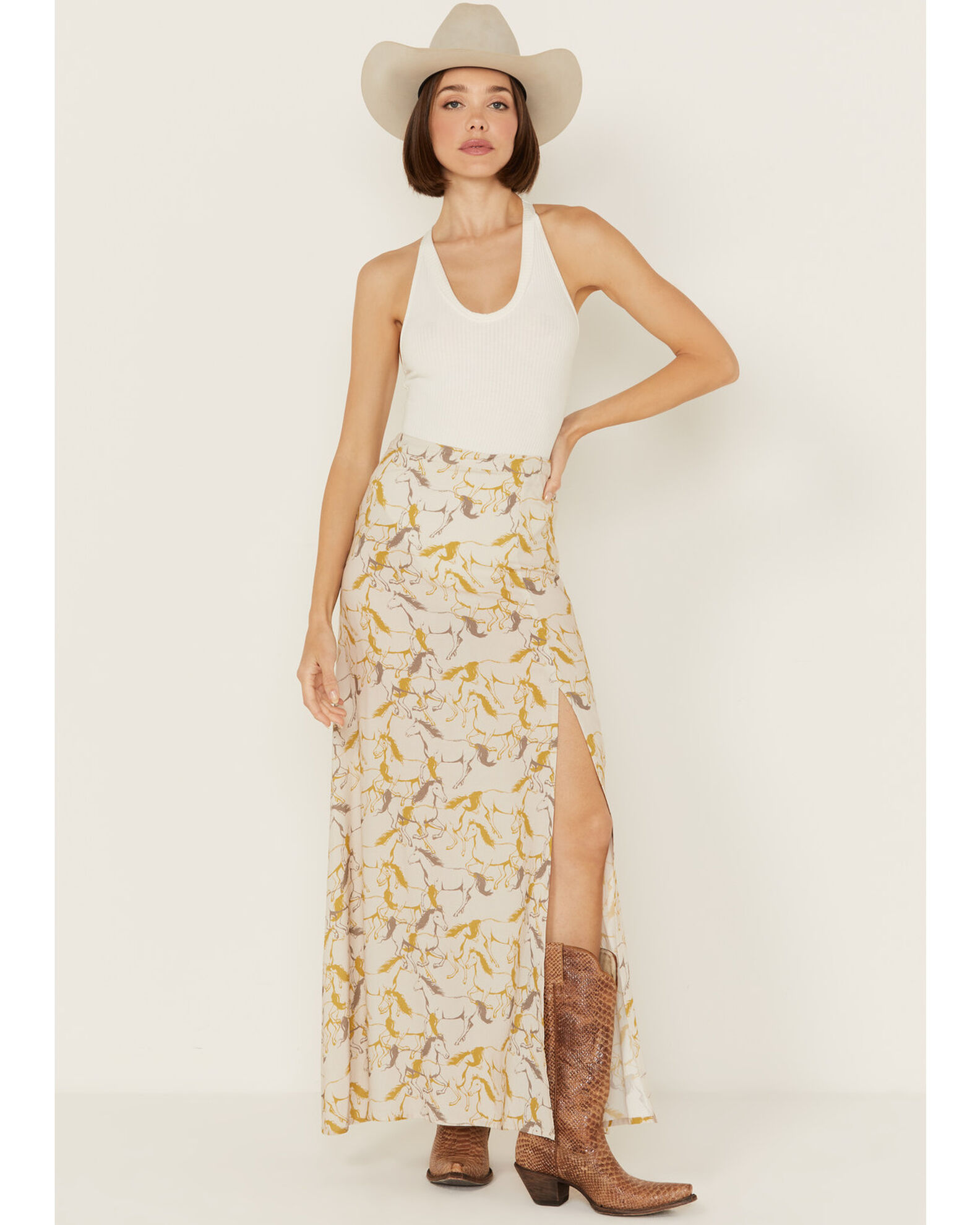 Product Name: Rock & Roll Denim Women's Horse Print Slit Maxi Skirt