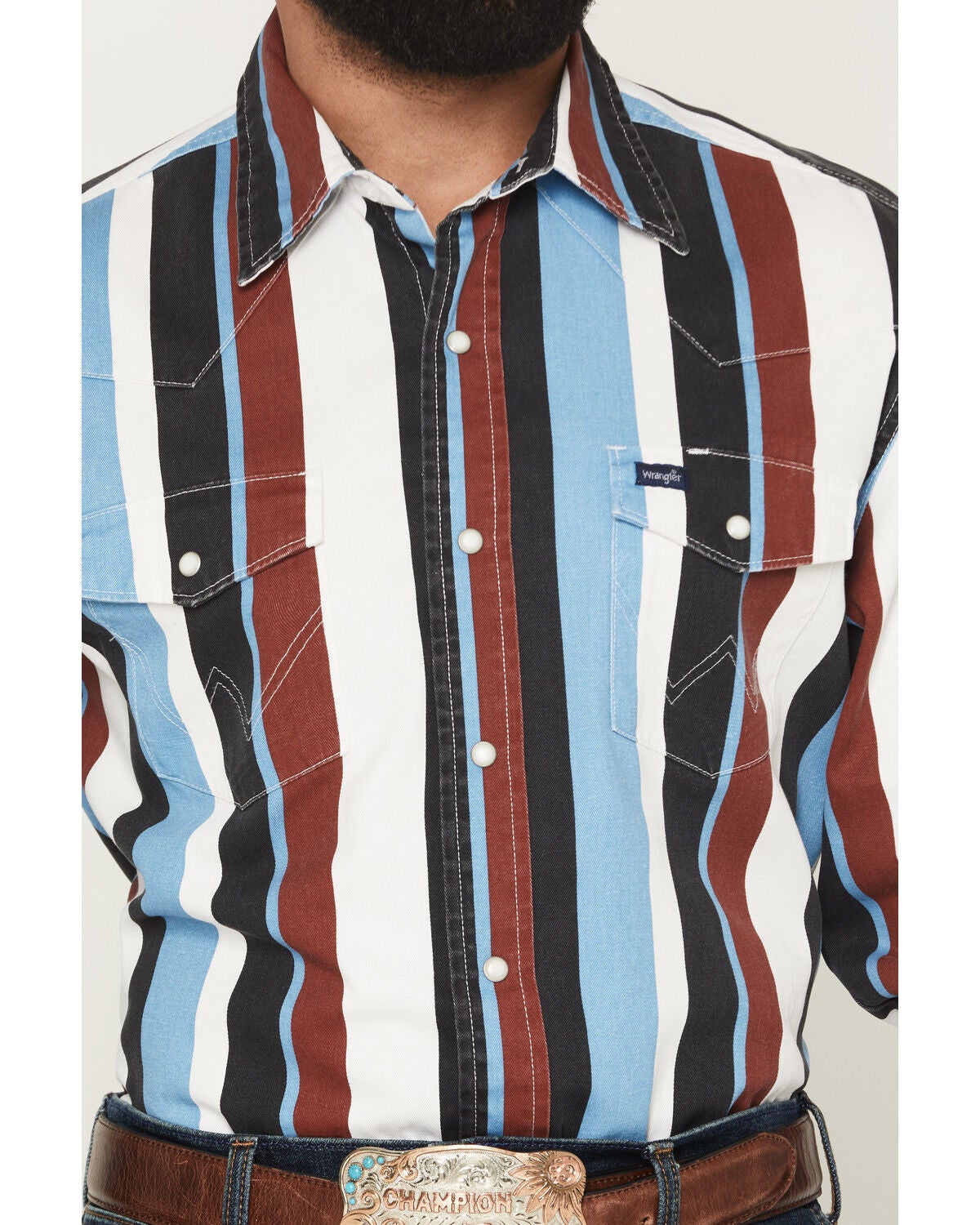 Image #3 - Wrangler Men's Vintage Brushpopper Striped Print Long Sleeve Snap Western Shirt, Blue, hi-res