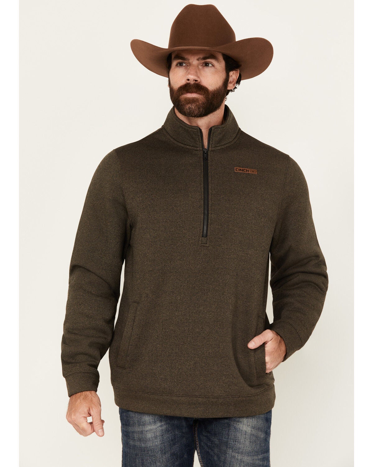 Cinch Men's Solid Quarter Zip Long Sleeve Pullover, Brown, hi-res