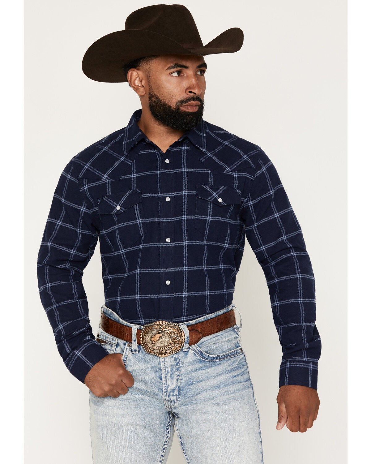 Gibson Trading Co Men's Country Line Plaid Print Long Sleeve Snap Flannel Shirt, Navy, hi-res