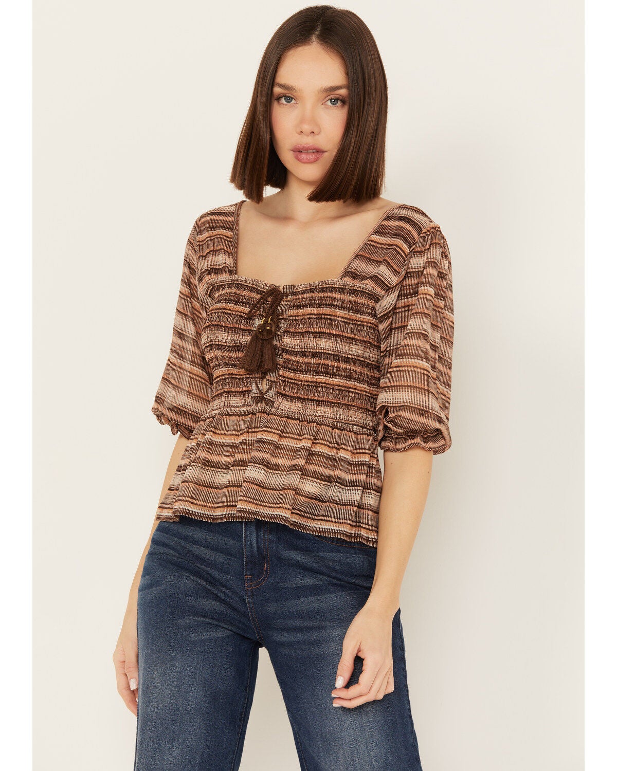 Shyanne Women's Smocked Lace-Up Print Top, Medium Brown, hi-res
