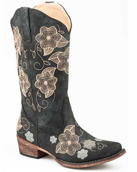 Image #1 - Roper Women's Riley Flowers Western Boots - Snip Toe, Black, hi-res