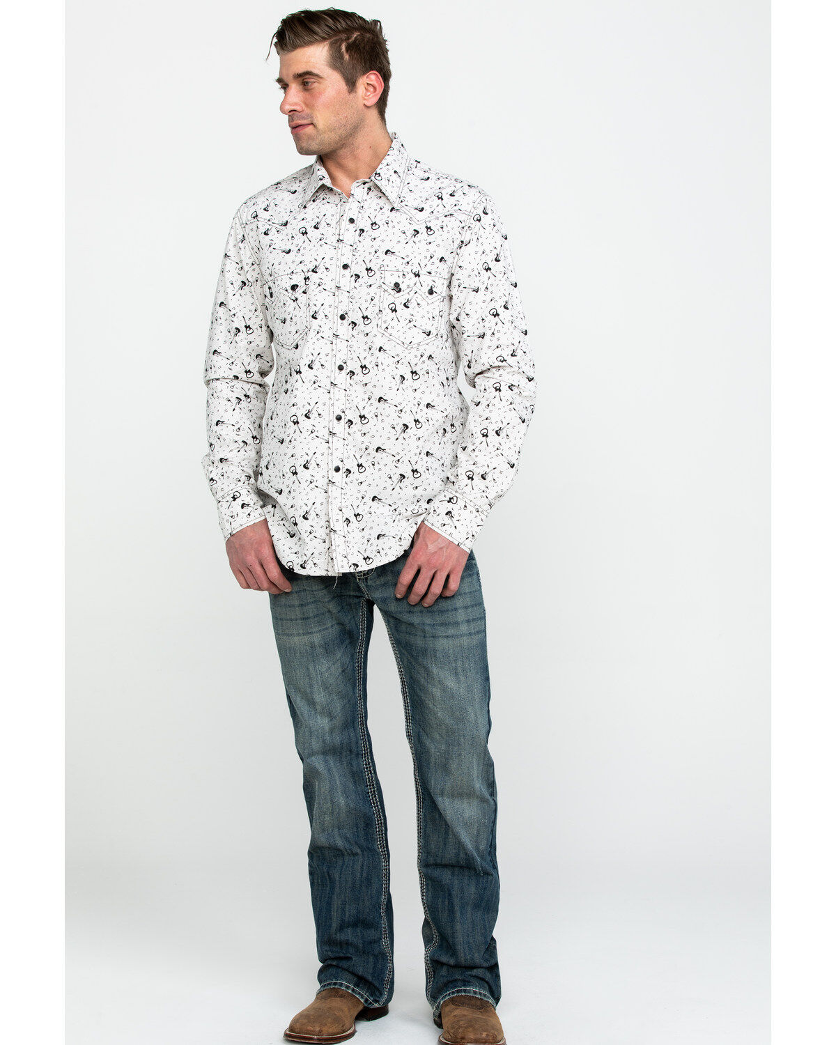 Image #6 - Rock & Roll Denim Men's Washed Guitar Print Long Sleeve Western Shirt, , hi-res