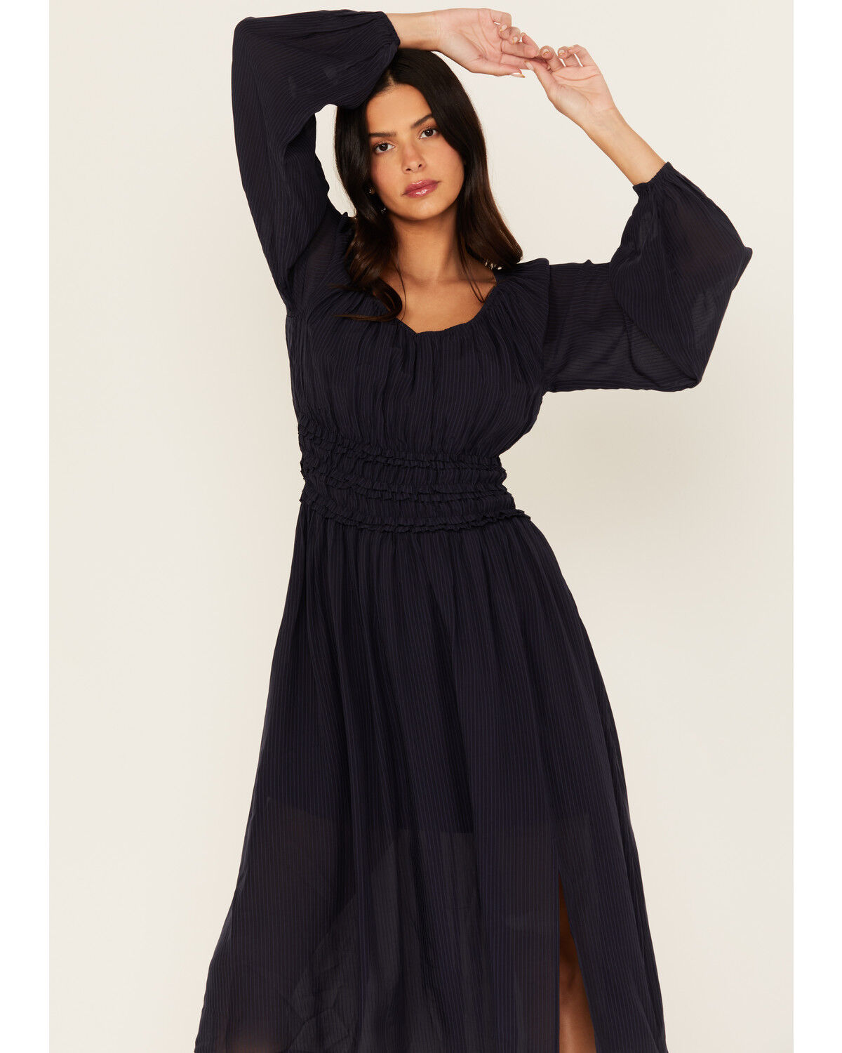 Image #2 - Shyanne Women's Striped Long Sleeve Slit Front Midi Dress, Indigo, hi-res