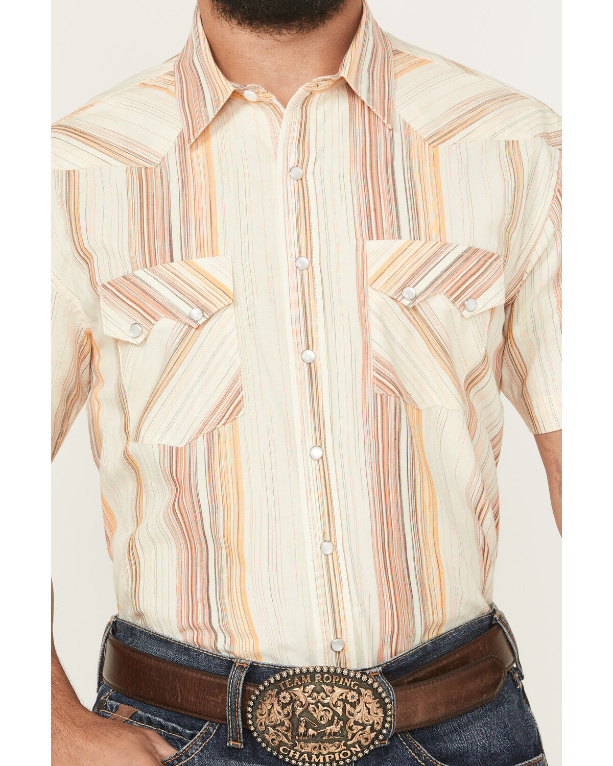 Image #3 - Panhandle Slim Men's Stripe Print Short Sleeve Snap Western Shirt, Cream, hi-res