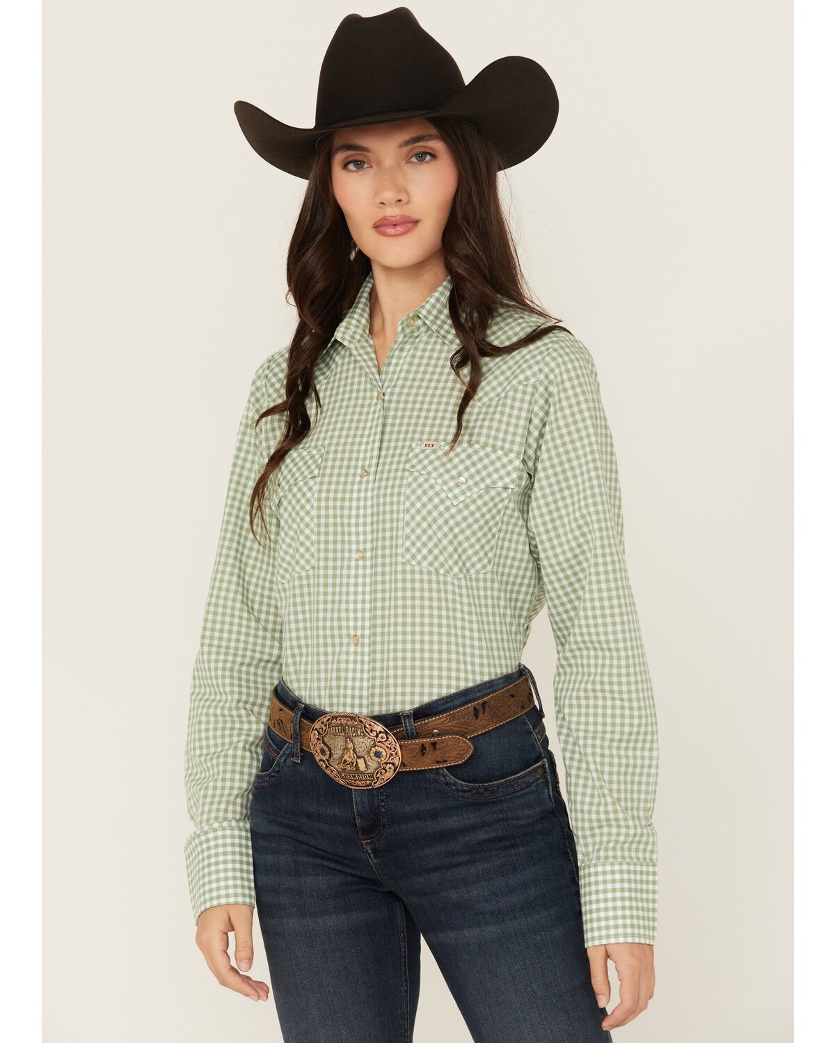 Image #2 - Cowboygirl by Jenna Paulette Women's Gingham Print Long Sleeve Pearl Snap Western Shirt, Green, hi-res