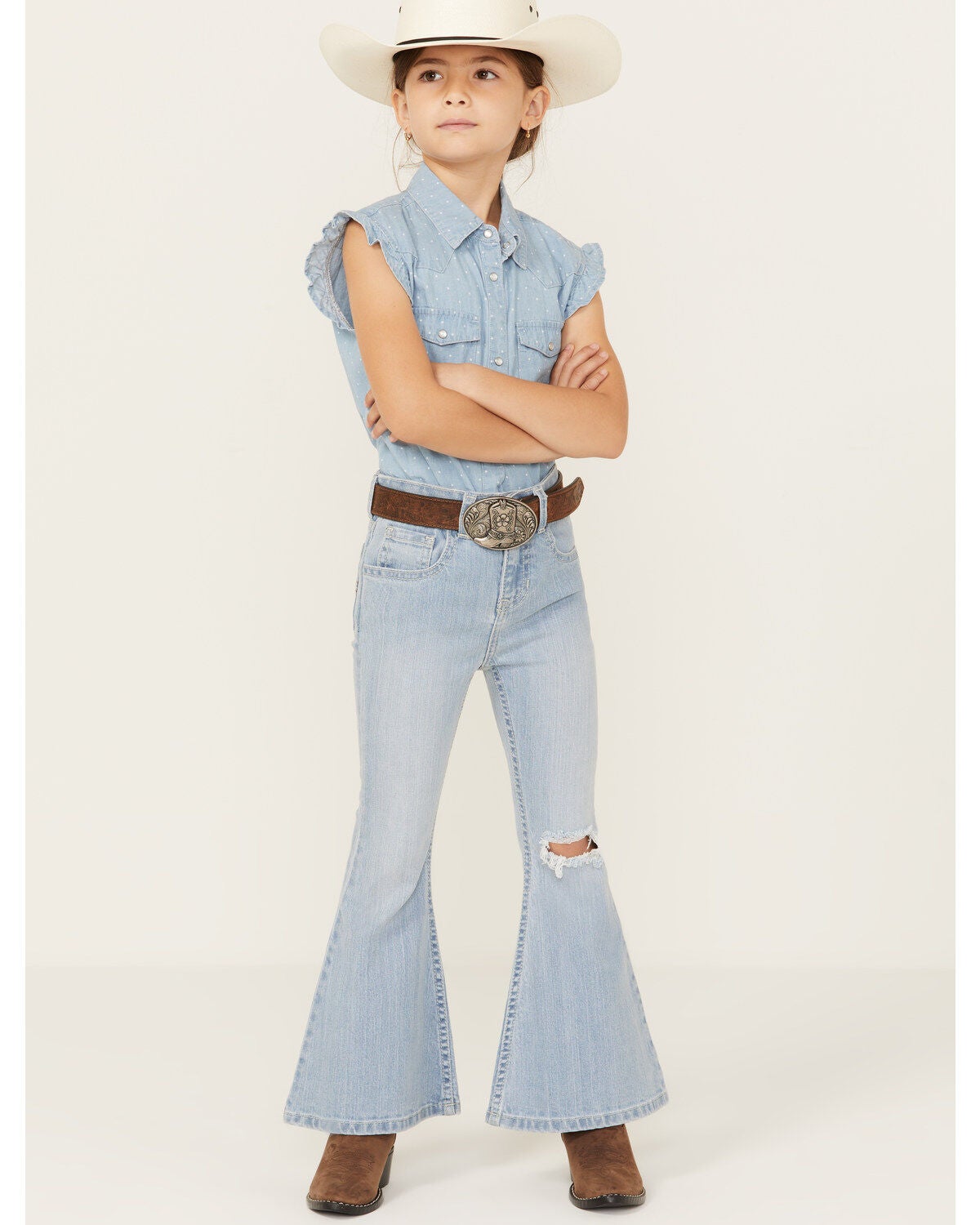 Shyanne Little Girls' Destructed Knee Flare Jeans, Light Wash, hi-res