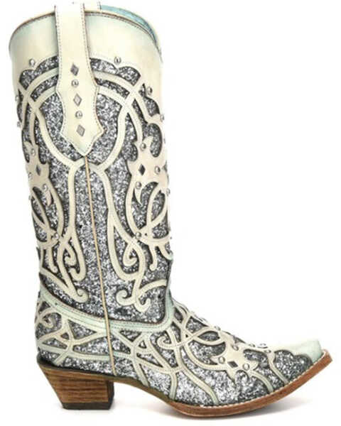 Image #2 - Corral Women's White Turquoise Glitter Chameleon Sun Boots - Snip Toe , White, hi-res