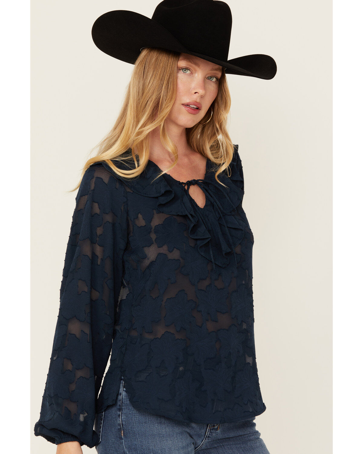 Image #2 - Shyanne Women's Floral Long Sleeve Ruffle Peasant Top, Navy, hi-res
