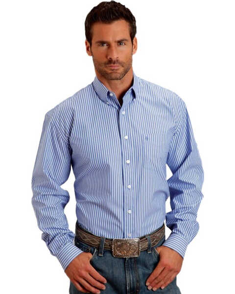 Stetson Men's Open One Pocket Striped Long Sleeve Button Down Western Shirt, Blue, hi-res