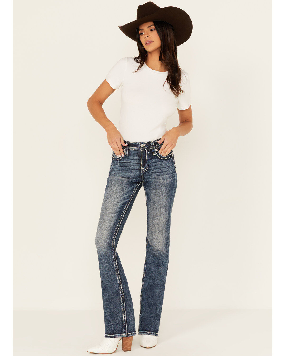 Product Name:  Miss Me Women's Dark Wash Mid Rise Floral Pocket Slim Bootcut Stretch Denim Jeans