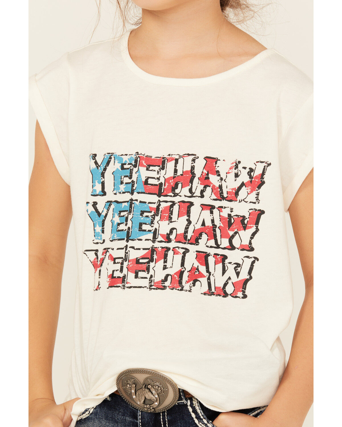 Image #3 - Panhandle Girls' Yeehaw Americana Short Sleeve Graphic Tee, Natural, hi-res