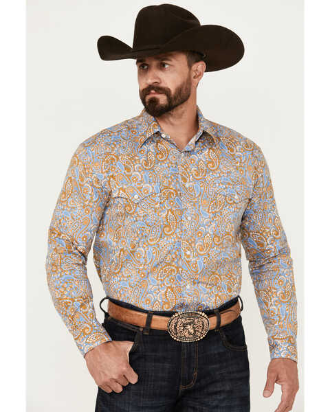 Rough Stock by Panhandle Men's Floral Paisley Print Long Sleeve Pearl Snap Stretch Western Shirt, Blue, hi-res