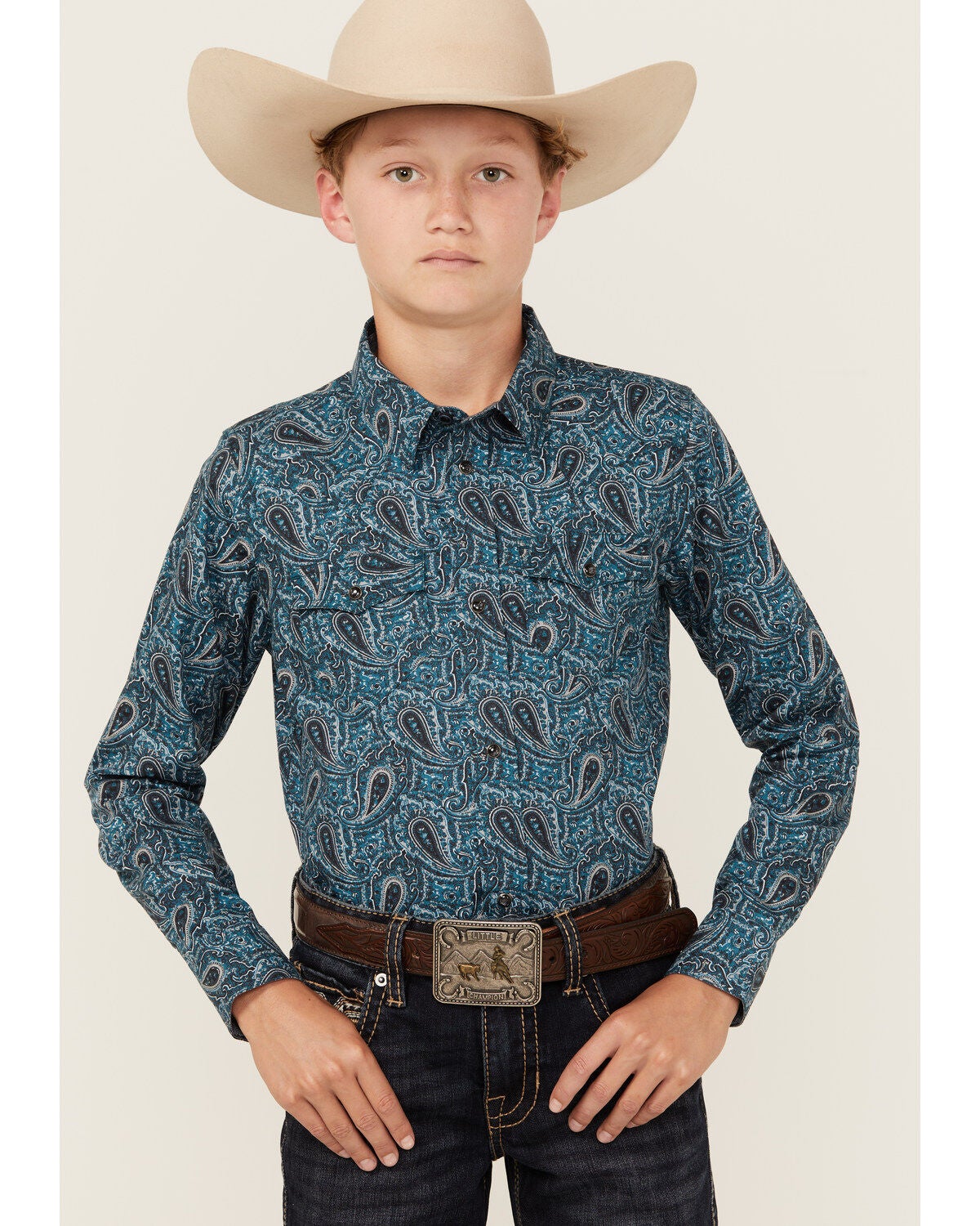 Cody James Boys' Lasso Paisley Print Long Sleeve Snap Western Shirt, Blue, hi-res