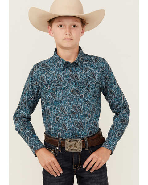 Cody James Boys' Lasso Paisley Print Long Sleeve Snap Western Shirt , Blue, hi-res