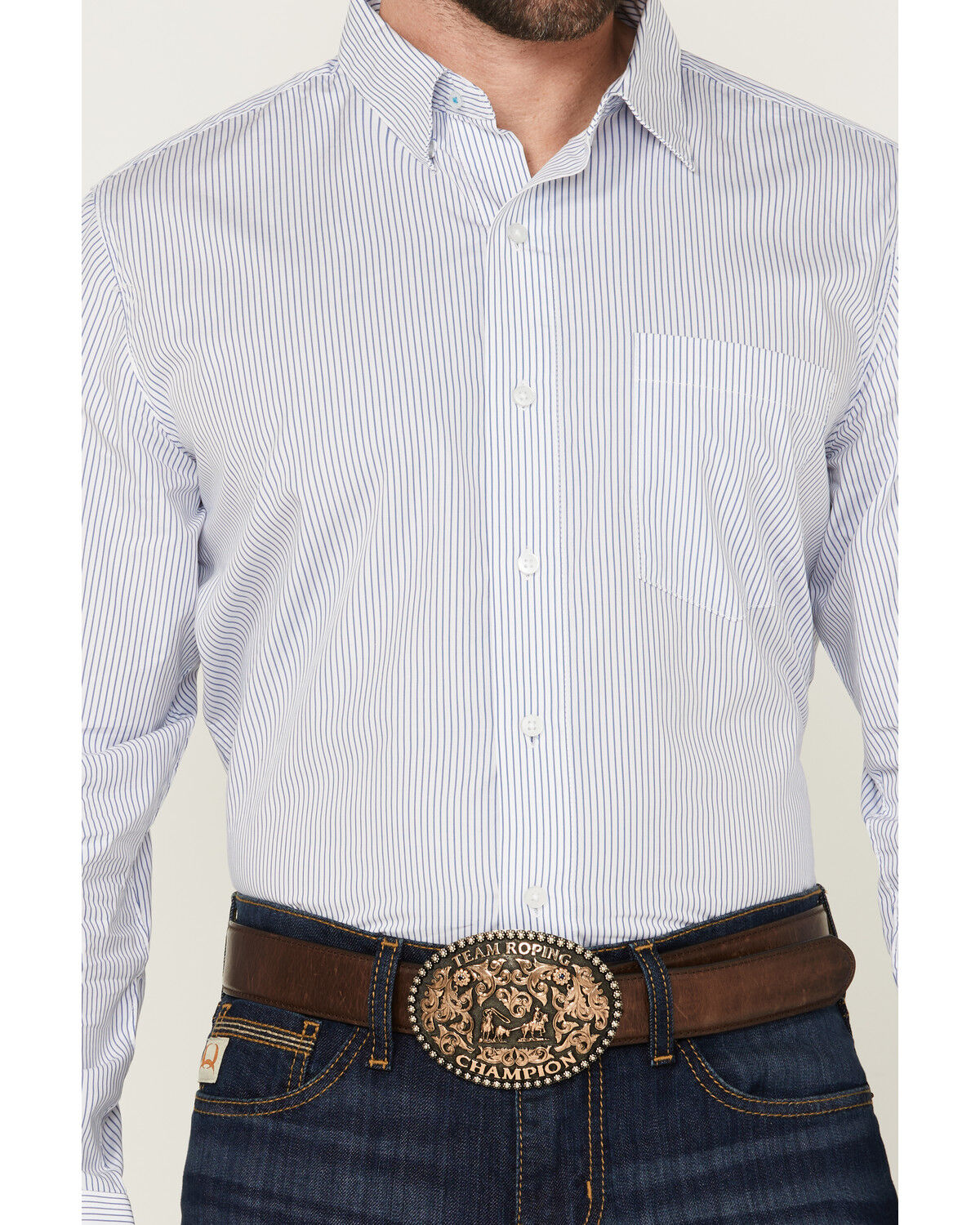 Image #3 - Wrangler x Cody Johnson Men's Striped Print Long Sleeve Button-Down Western Shirt, Blue, hi-res