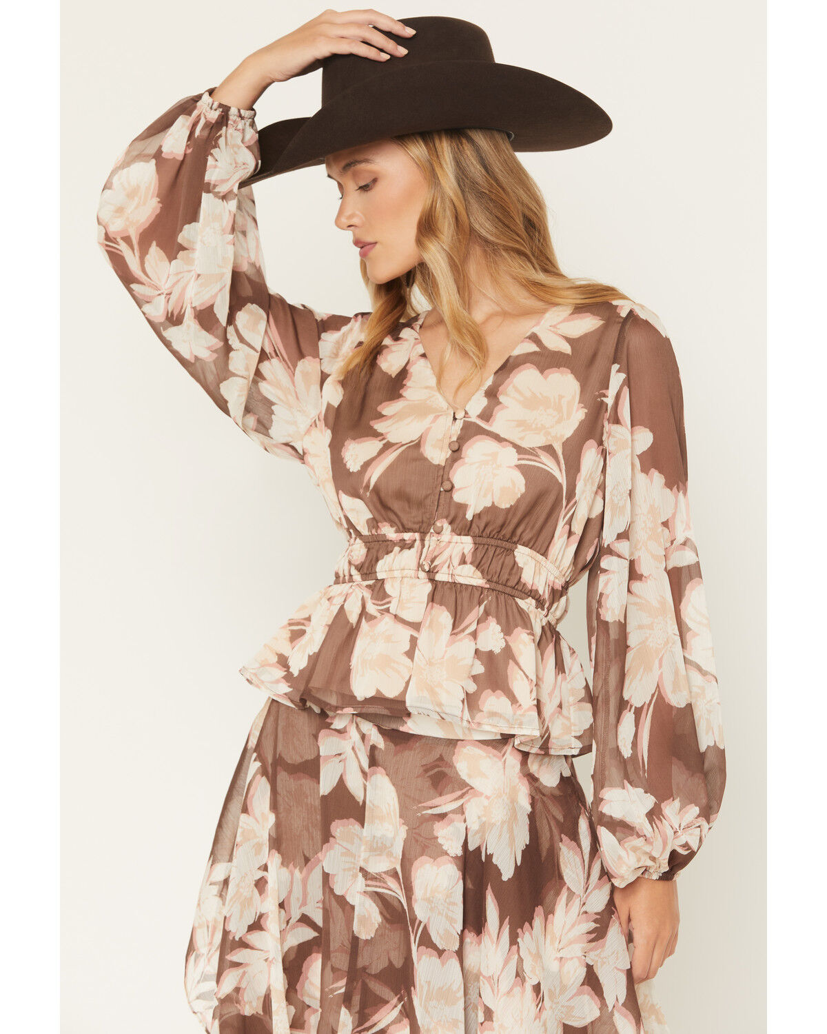 Image #2 - Shyanne Women's Floral Print Long Sleeve Chiffon Shirt, Brown, hi-res