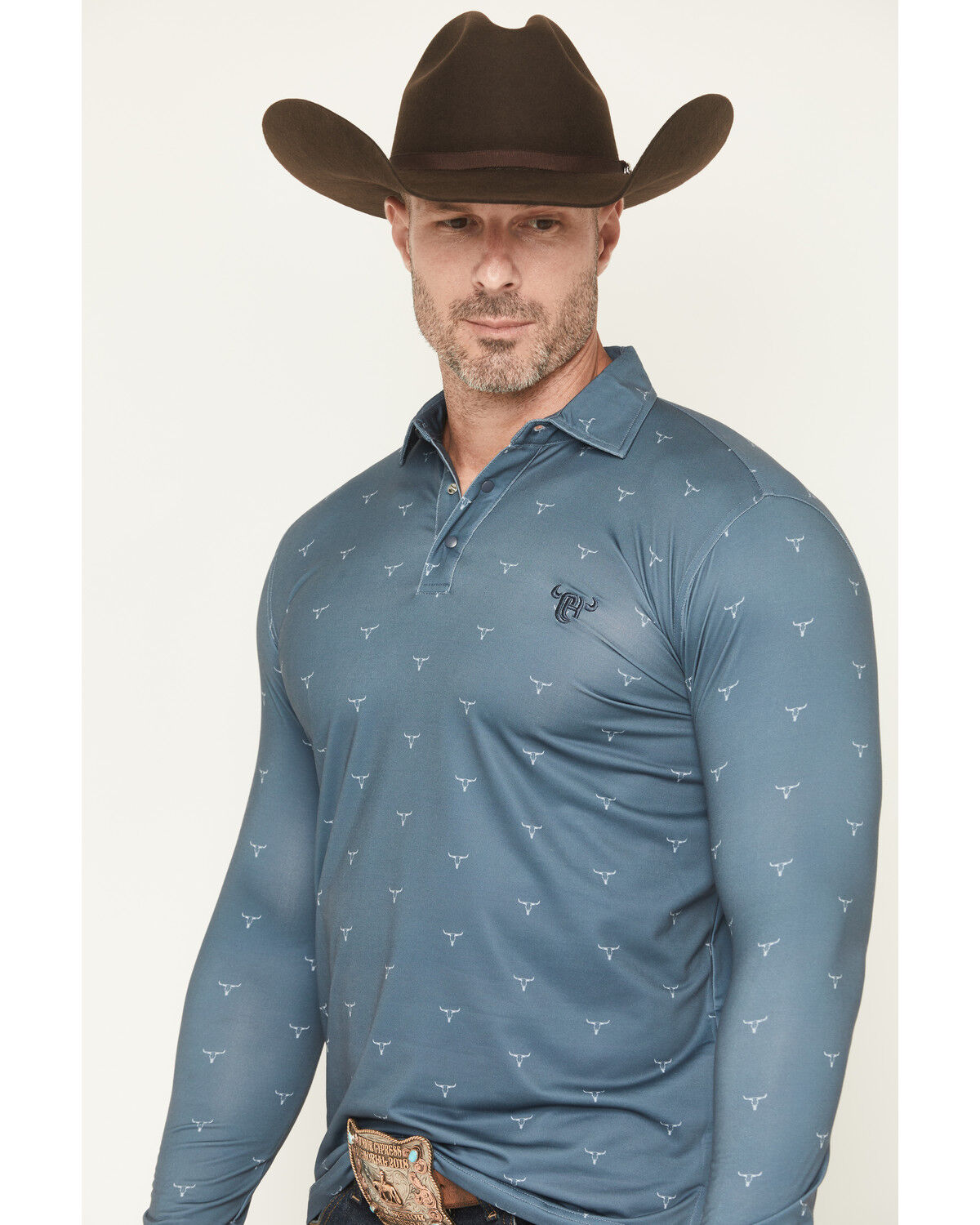 Image #2 - Cowboy Hardware Men's Steerhead Print Long Sleeve Snap Polo, Slate, hi-res