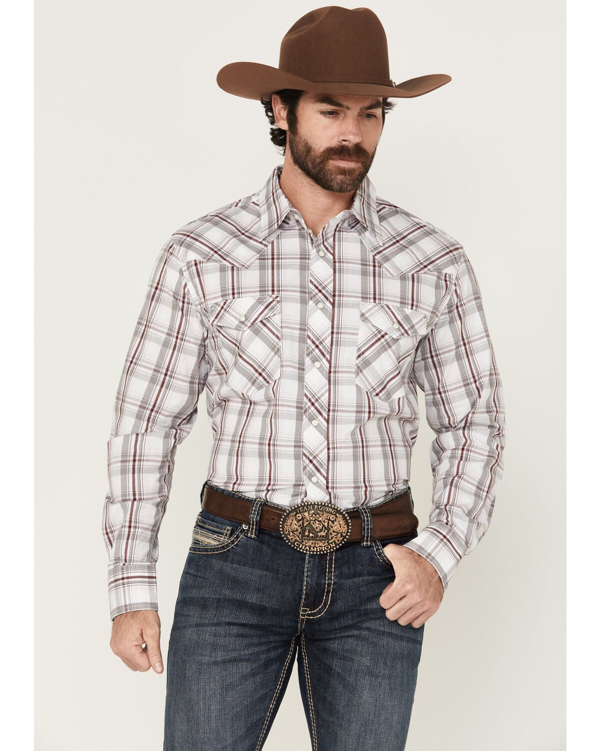 Wrangler Men's 20X Plaid Print Long Sleeve Snap Stretch Western Shirt, White, hi-res