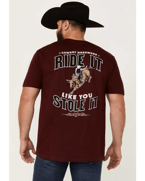 Cowboy Hardware Men's Boot Barn Exclusive Ride It Like You Stole It Short Sleeve Graphic T-Shirt, Maroon, hi-res
