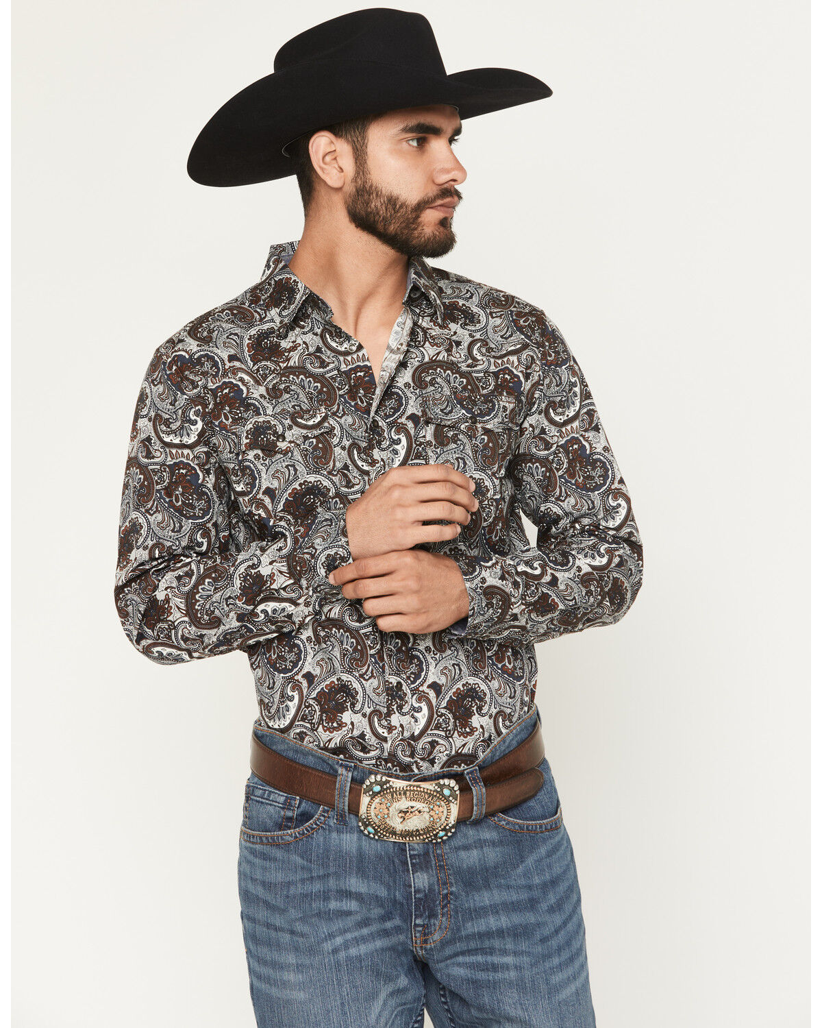 Image #1 - Cody James Men's Colorado Ridge Paisley Print Long Sleeve Snap Western Shirt, Brown, hi-res