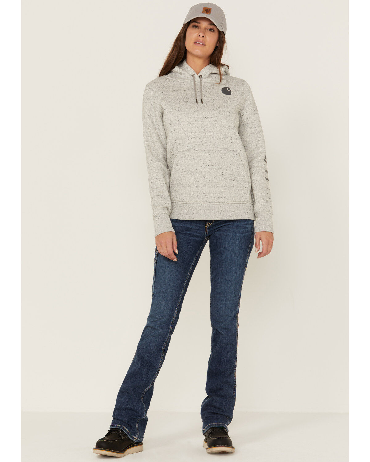 Image #4 - Carhartt Women's Clarksburg Sleeve Logo Hooded Sweatshirt, Heather Grey, hi-res