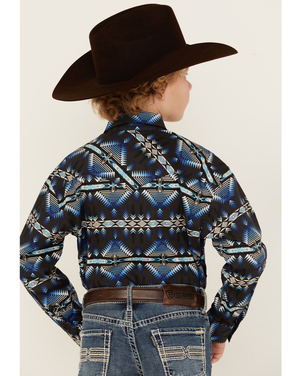 Image #4 - Rock & Roll Denim Boys' Southwestern Print Long Sleeve Stretch Snap Western Shirt, Navy, hi-res