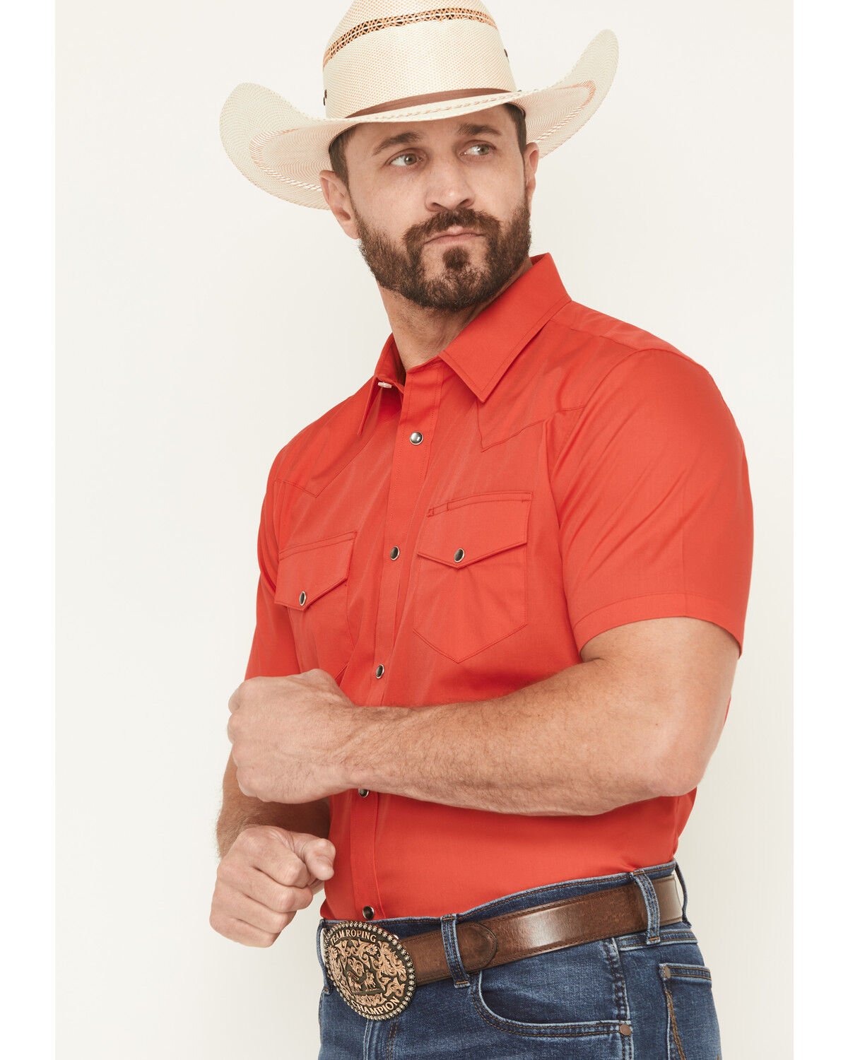 Image #2 - Gibson Trading Co Men's Solid Short Sleeve Snap Stretch Western Shirt, Red, hi-res