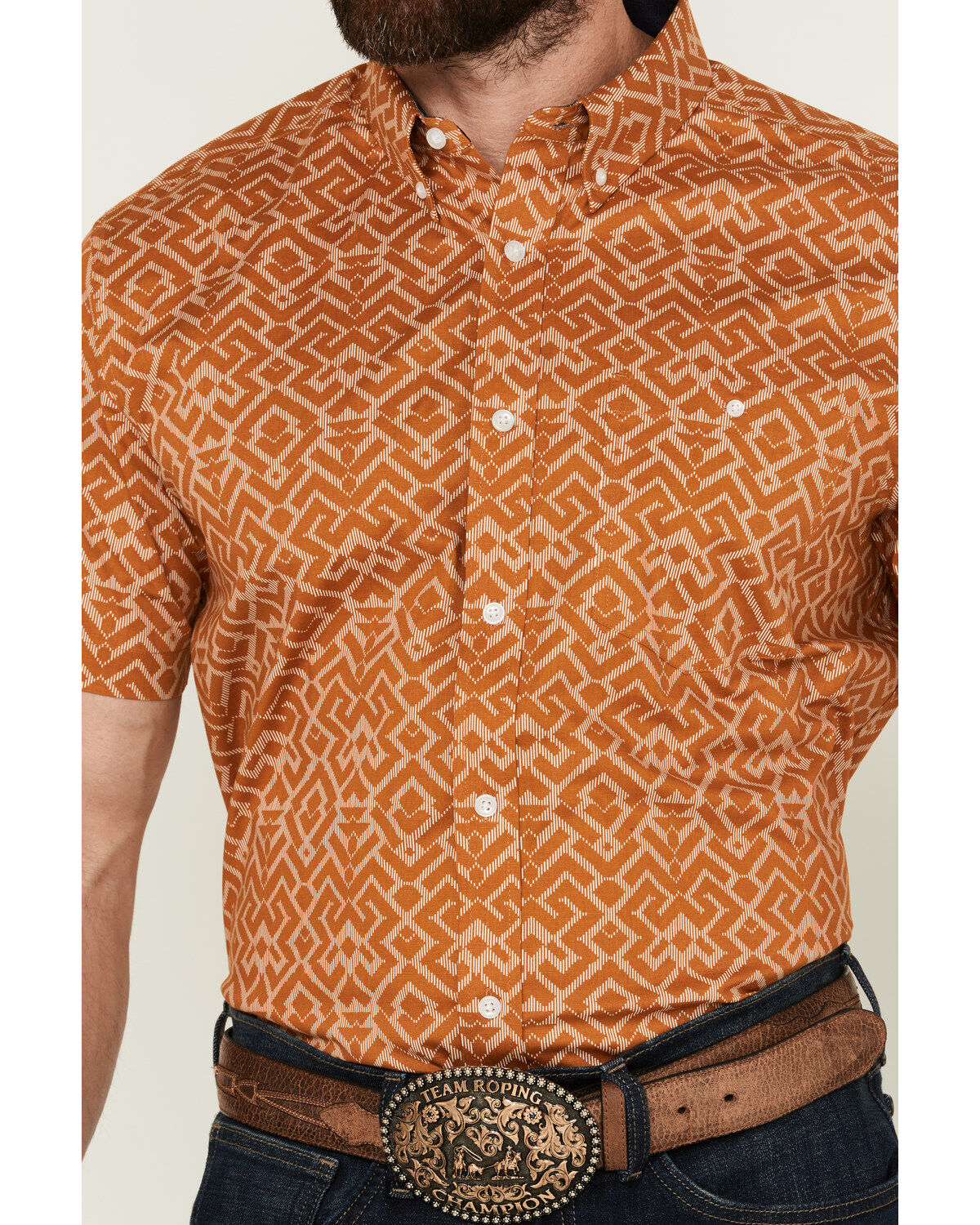 Image #3 - RANK 45® Men's Decker Geo Print Short Sleeve Performance Stretch Button-Down Western Shirt, Gold, hi-res
