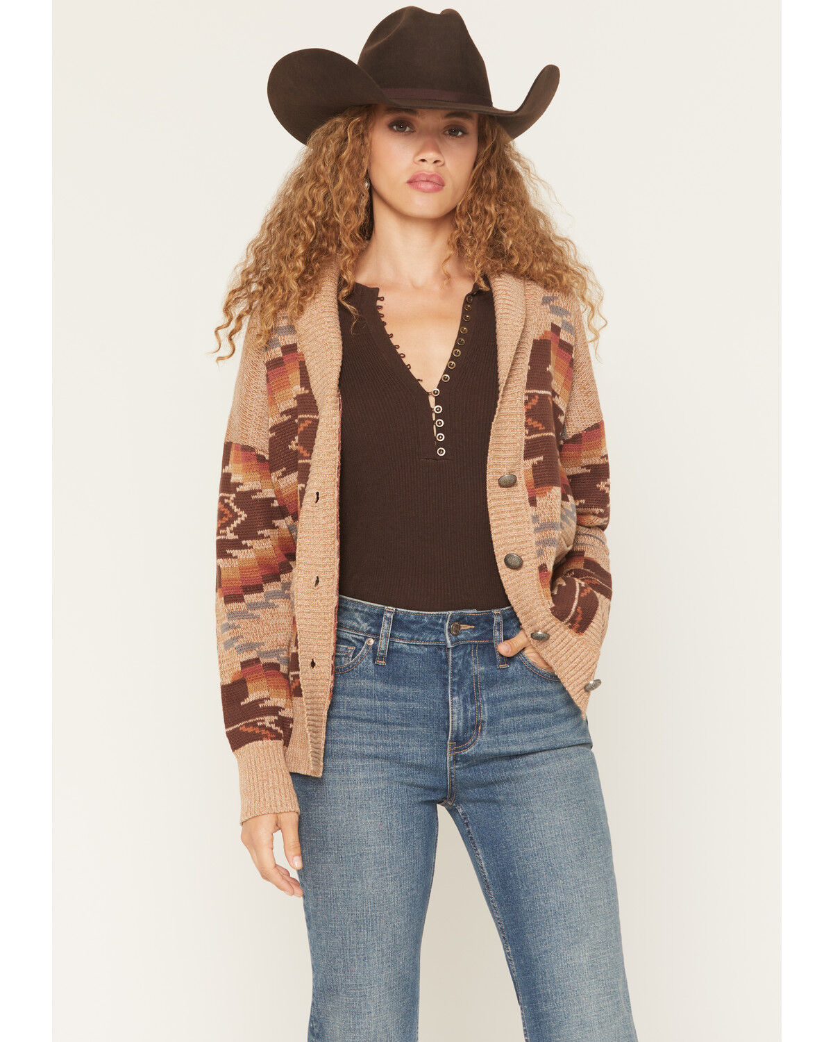 Image #1 - Cotton & Rye Women's Southwestern Print Button-Down Cardigan, Brown, hi-res