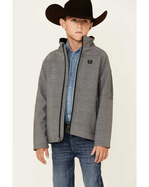 Cinch Boys' Grey Textured Logo Sleeve Zip-Front Softshell Jacket , Grey, hi-res