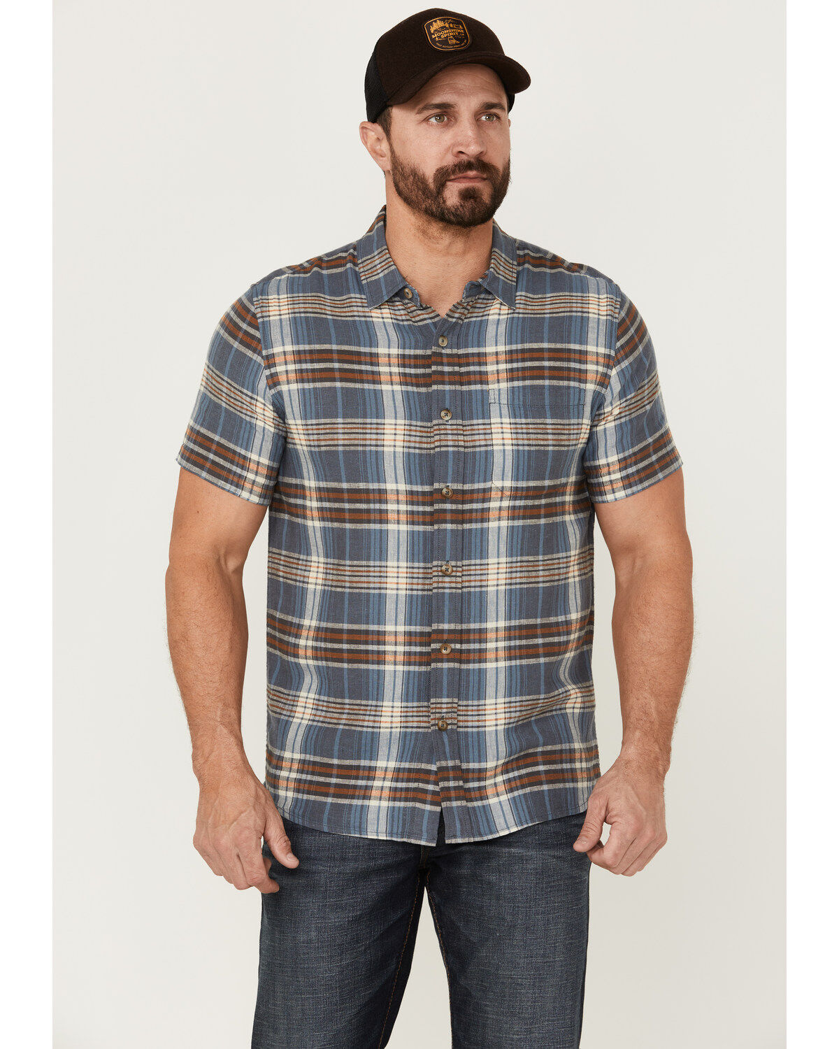 Image #1 - Pendleton Men's Linen Plaid Short Sleeve Button Down Western Shirt, Blue, hi-res