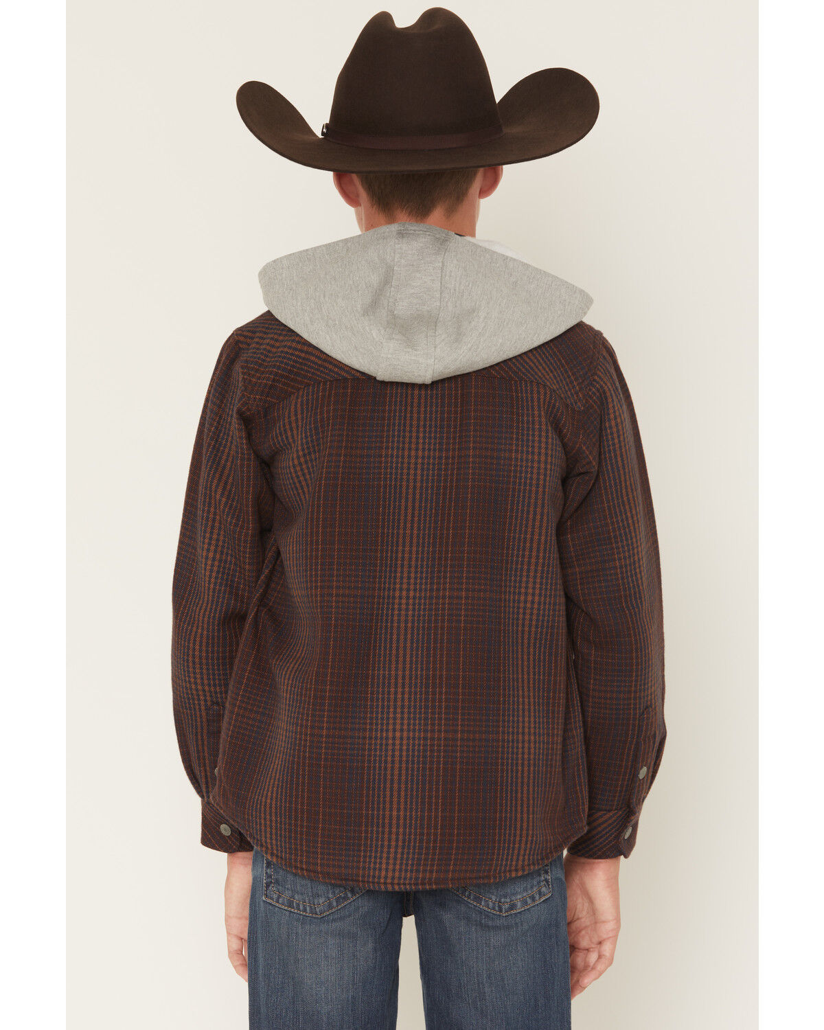 Image #4 - Ariat Boys' Retro Plaid Print Snap Shirt Jacket with Hood, Brown, hi-res