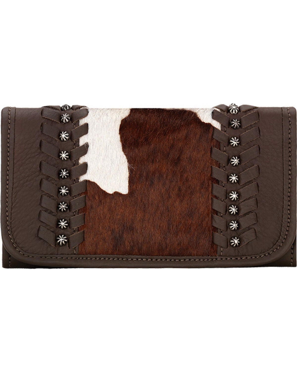 American West Women's Cow Town Pony Hair Tri-Fold Wallet, Chocolate, hi-res