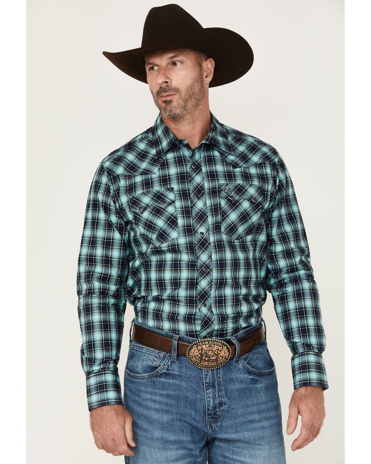 Wrangler Retro Men's Plaid Print Long Sleeve Snap Western Shirt, Turquoise, hi-res
