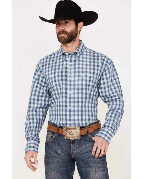 George Strait by Wrangler Men's Plaid Print Long Sleeve Button Down Western Shirt, Blue, hi-res