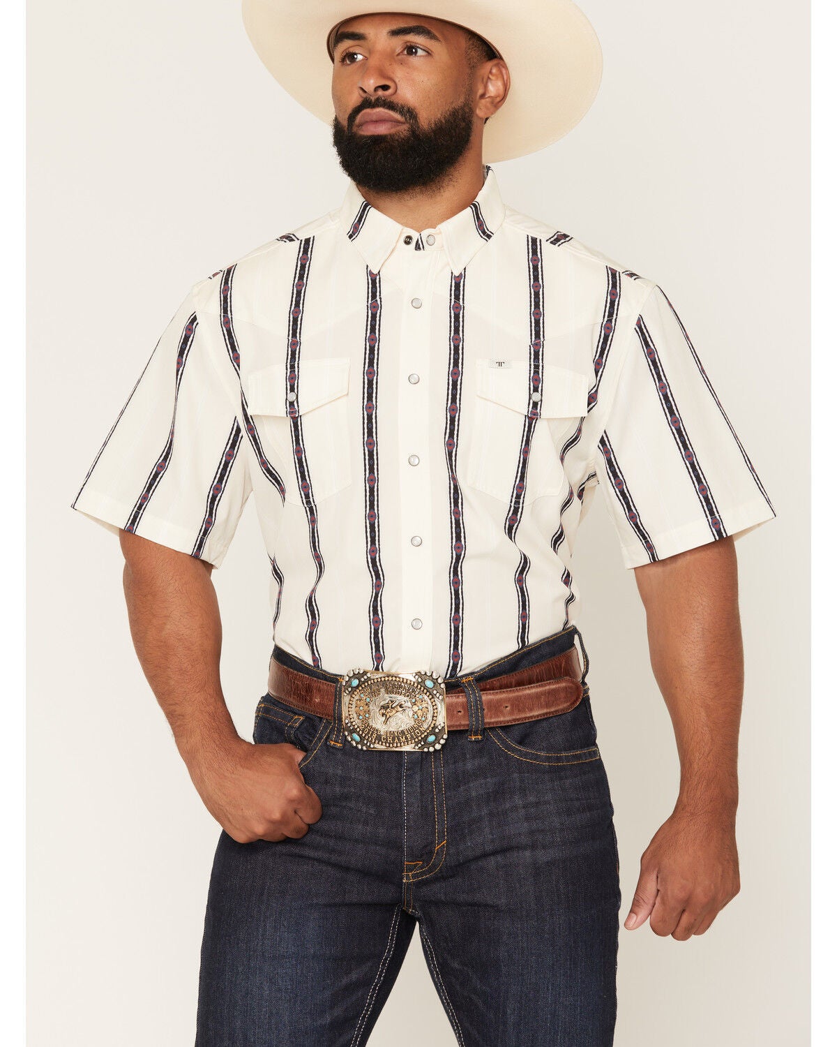Ferrell Men's Tek Outlaw Southwestern Striped Print Short Sleeve Snap Performance Western Shirt, White, hi-res