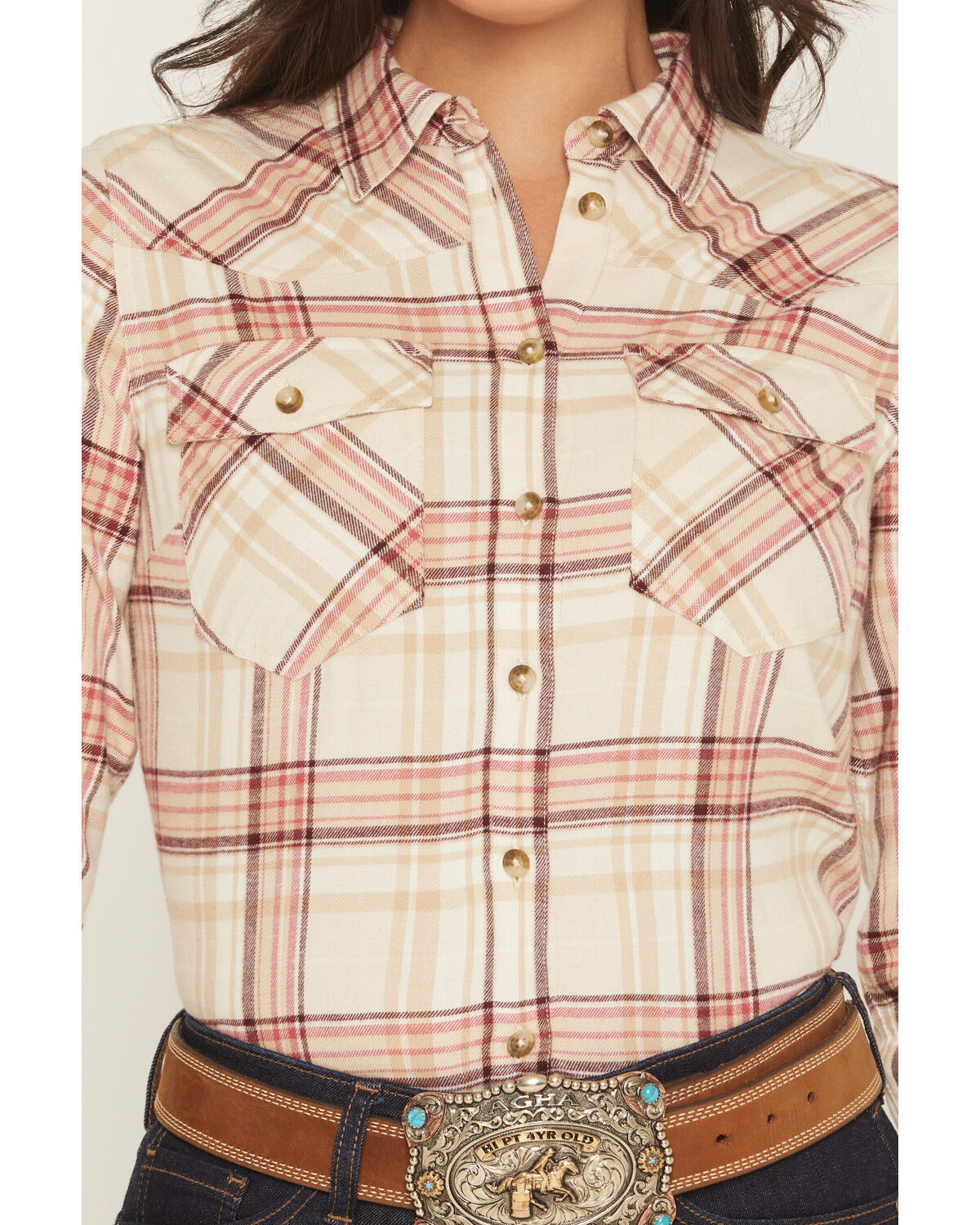 Image #3 - Shyanne Women's Lakecreek Steer Head Plaid Print Long Sleeve Button-Down Flannel Shirt, Dark Pink, hi-res