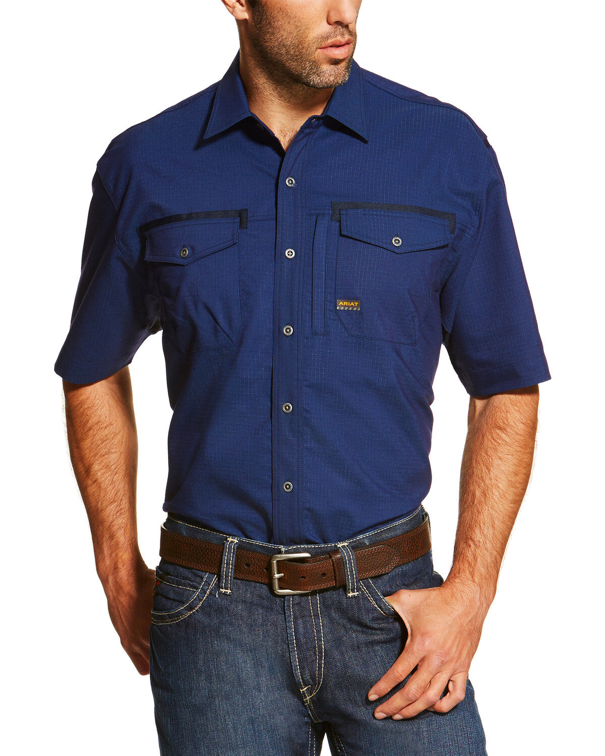 Image #1 - Ariat Men's Navy Rebar Short Sleeve Work Shirt - Tall, , hi-res