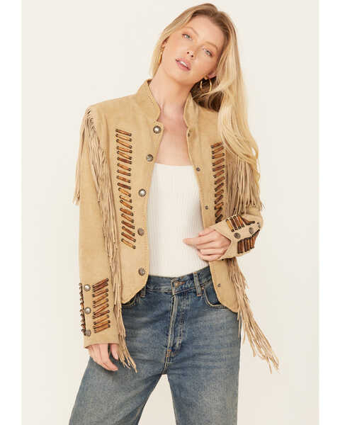 Scully Women's Beaded and Lace Fringe Jacket , Tan, hi-res
