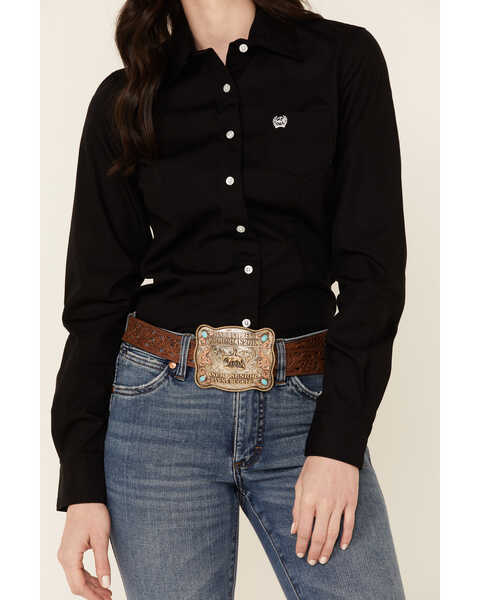 Image #3 - Cinch Women's Western Weave Pocket Shirt, Black, hi-res