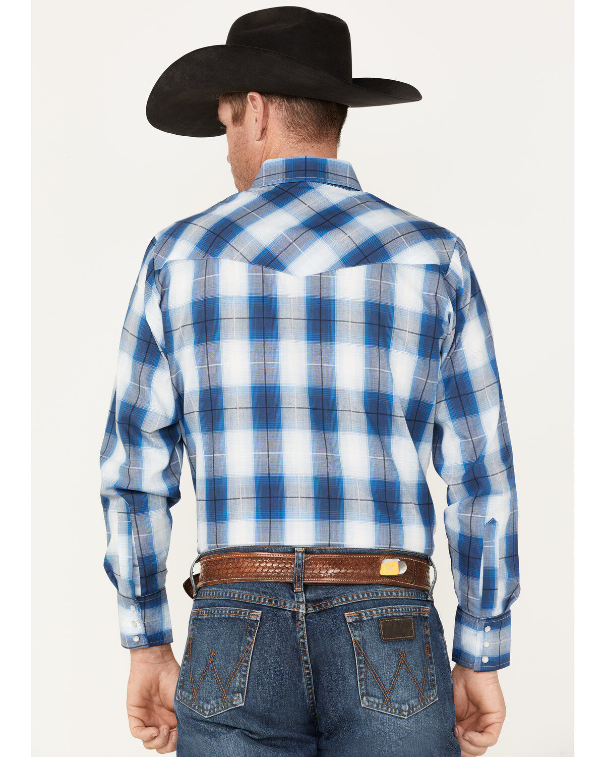 Image #4 - Ely Walker Men's Plaid Print Long Sleeve Pearl Snap Western Shirt, Blue, hi-res