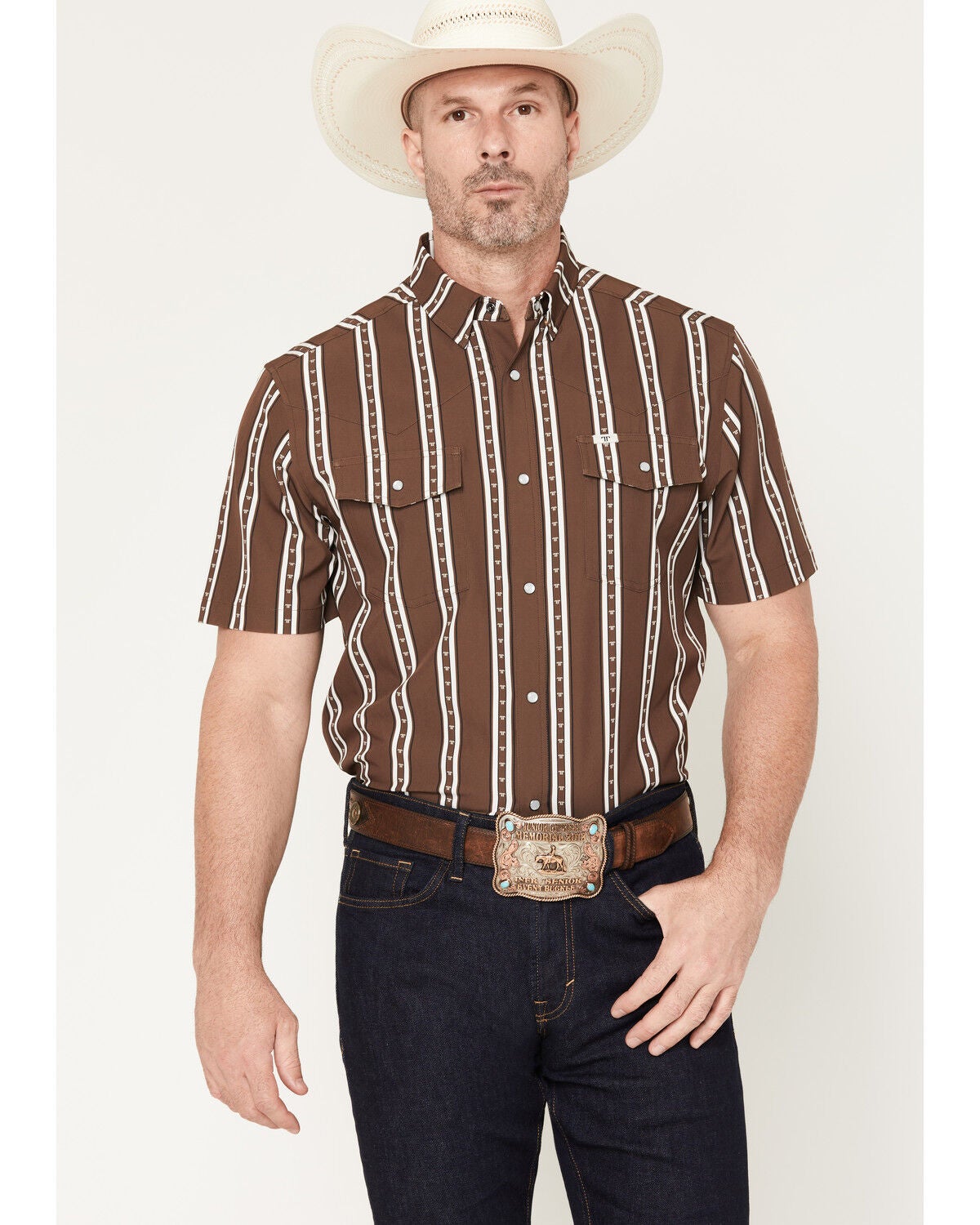 Ferrell Men's Tucker Tek Striped Short Sleeve Pearl Snap Stretch Western Shirt, Brown, hi-res