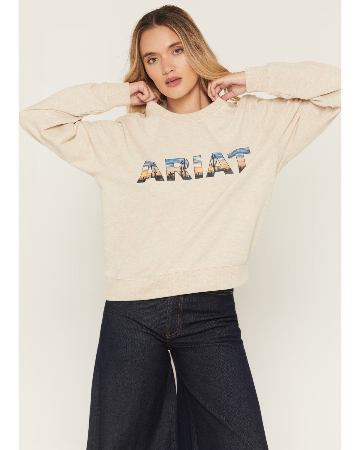 Image #1 - Ariat Women's Landscape Logo Crew Neck Sweatshirt, Grey, hi-res