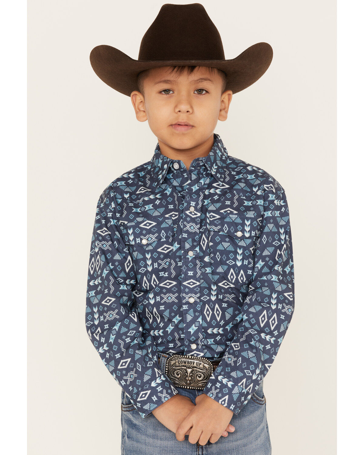 Image #1 - Roper Boys' West Made Southwestern Print Long Sleeve Western Pearl Snap Shirt, Blue, hi-res