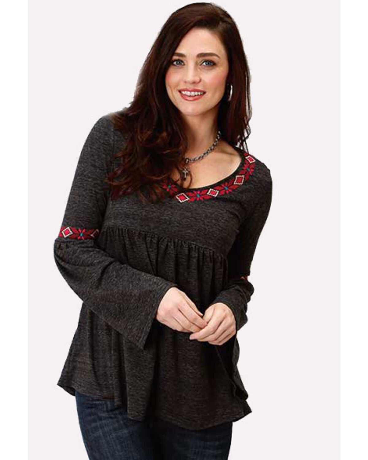 Studio West Women's Bell Sleeve Embroidered Top, Black, hi-res