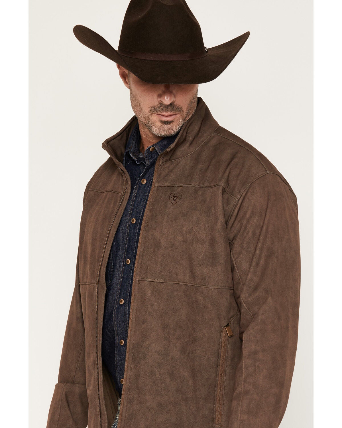 Image #2 - Ariat Men's Vernon Leather Print Softshell Jacket, Brown, hi-res