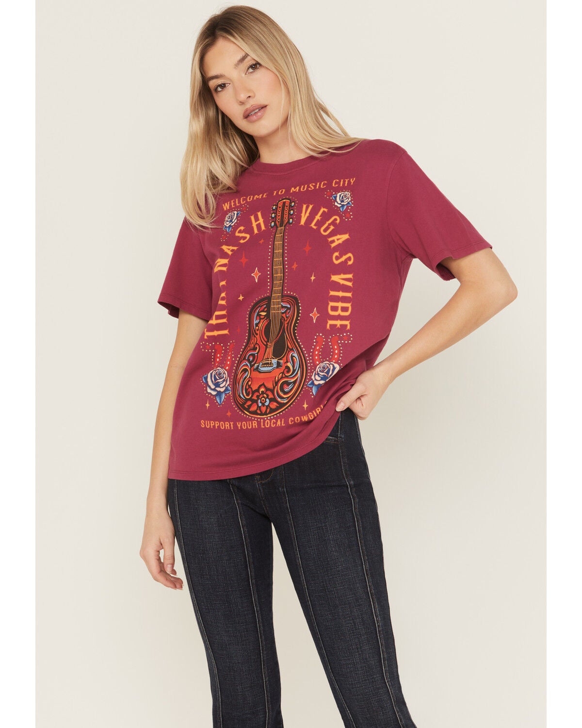 Idyllwind Women's Rhinestone Music City Short Sleeve Boyfriend Graphic Tee, Maroon, hi-res