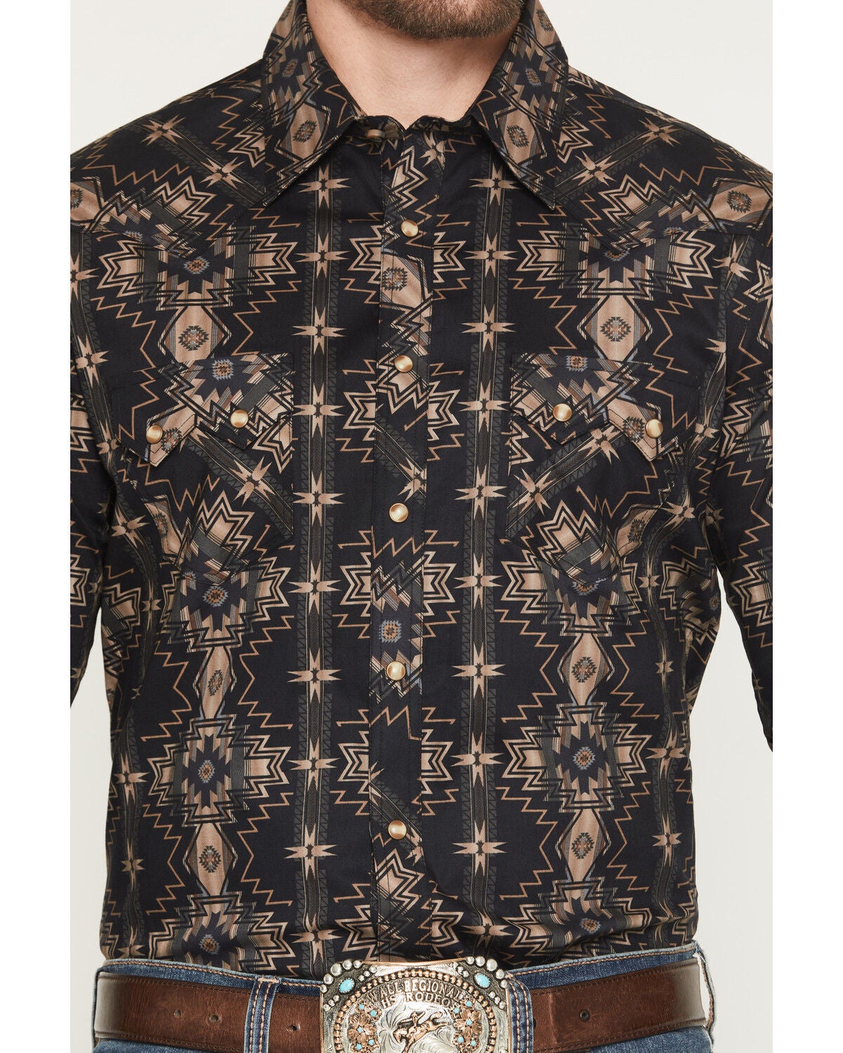 Image #3 - Rock & Roll Denim Men's Southwestern Print Long Sleeve Snap Stretch Western Shirt, Black, hi-res