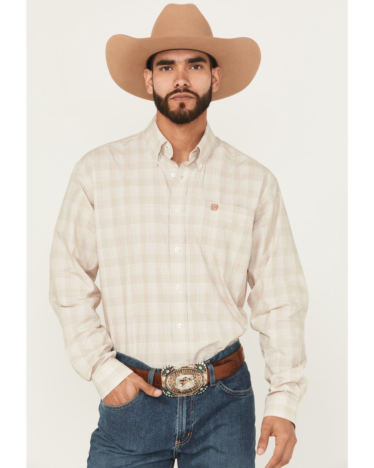 Cinch Men's Plaid Print Long Sleeve Button-Down Western Shirt, Oatmeal, hi-res